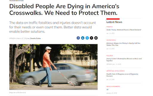 News article highlighting pedestrian danger for visually impaired